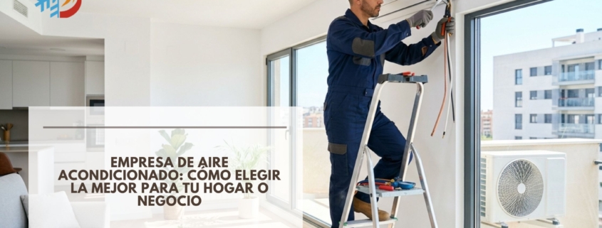 Técnico de una empresa de aire acondicionado realizando la instalación profesional de un equipo split en una vivienda moderna.
