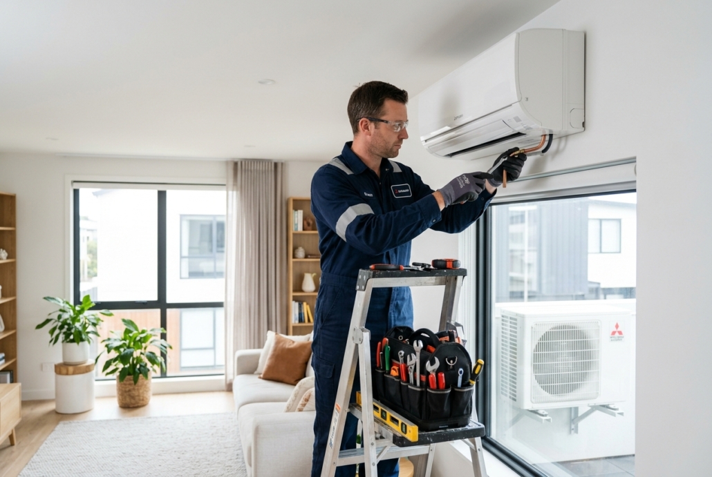 Técnico de una empresa de aire acondicionado realizando la instalación profesional de un equipo split en una vivienda moderna.